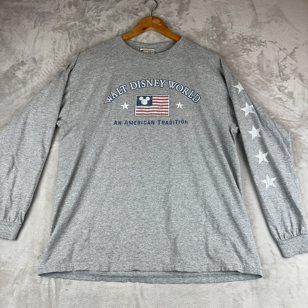 Walt Disney World Long Sleeve T Shirt American Flag Mickey Mouse Grey Size L‎